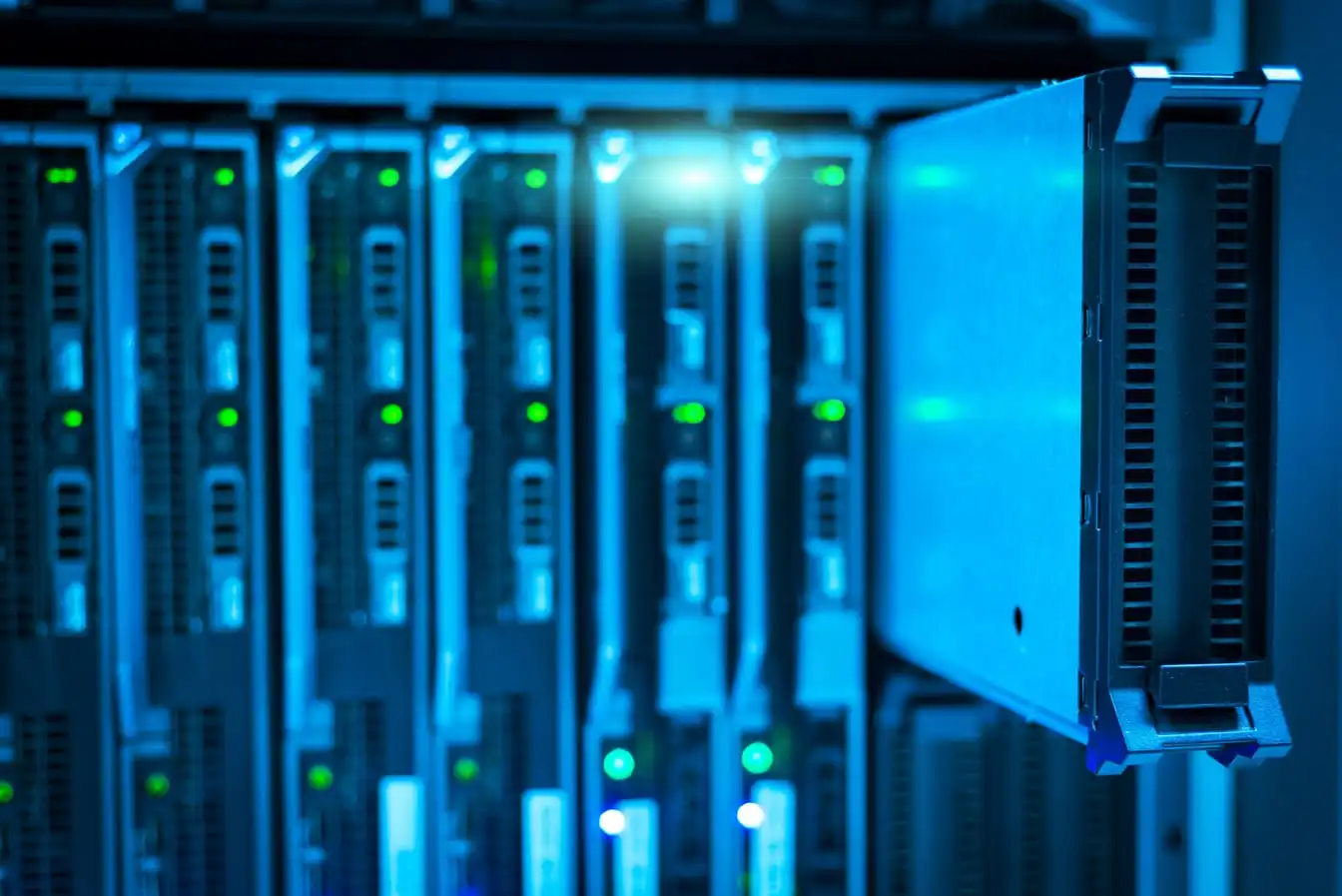 A server blade pulled partway out of a rack under blue light, with rows of green status lights on the modules behind it.