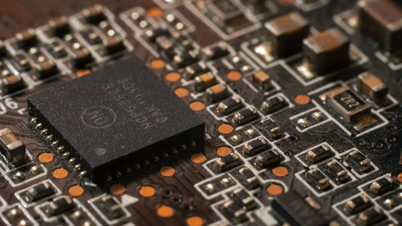 Close-up of a square black surface-mount chip soldered to a brown circuit board, ringed by smaller components and copper pads.